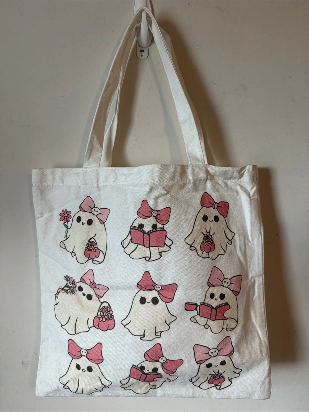 Cute Ghosts Canvas Tote Bag with Pink Bows